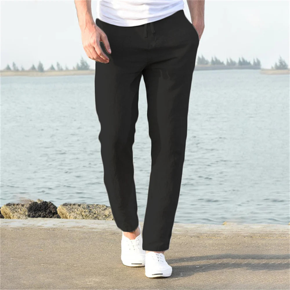 Men's solid color trousers (cotton + linen)